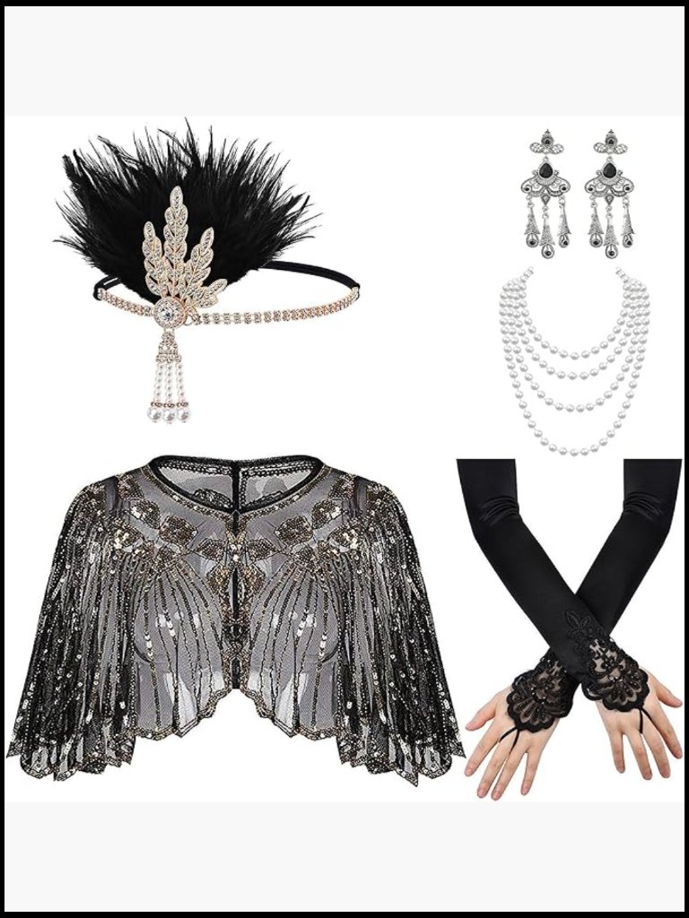 1920s Flapper Costume Accessory Set With Shawl Headband Jewelry Gloves 6pc